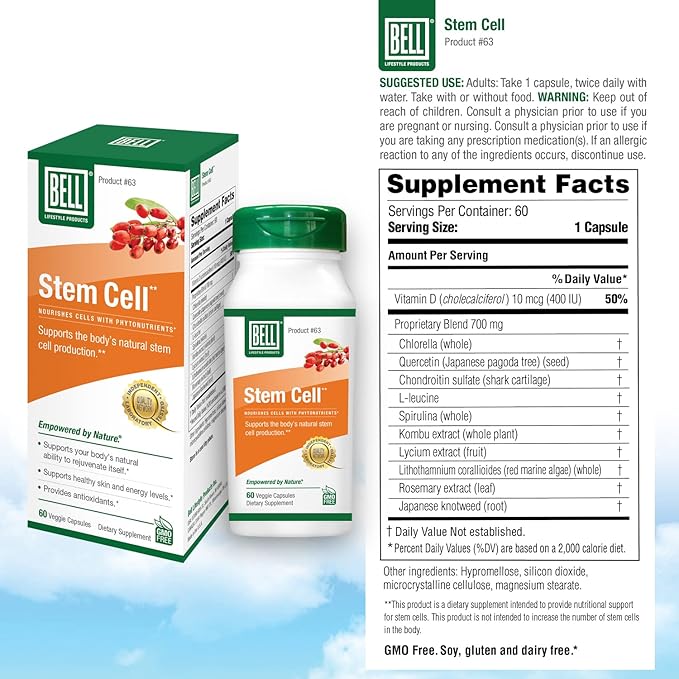 Bell Stem Cell Supplements - Supports Your Body's Natural Ability to Replace Worn Out Cells and Rejuvenate Tissue | Celulas Madres | 60 Capsules