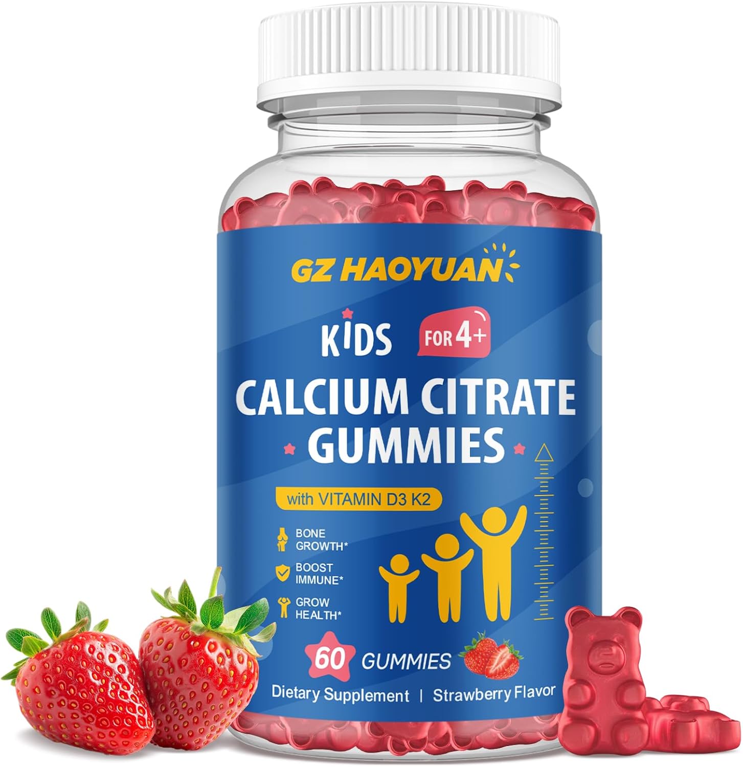 Calcium Citrate Gummies for Kids & Adults- Calcium Supplements with Vitamin D3, K2, Magnesium, Zinc for Bone, Muscle & Immune Support, Sugar Free Calcium Gummies Strawberry Flavor 60 Count