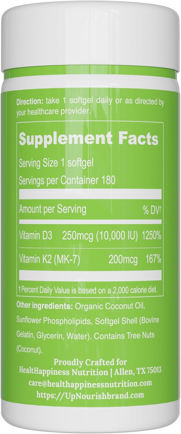 UpNourish Liposomal D3 K2 Vitamin 10000 IU D3 and K2 MK-7 200 mcg - 180 Vitamin D3 k2 (Vitamina D3 con K2) Mini Softgels - Easy to Swallow K2 D3 Vitamin
