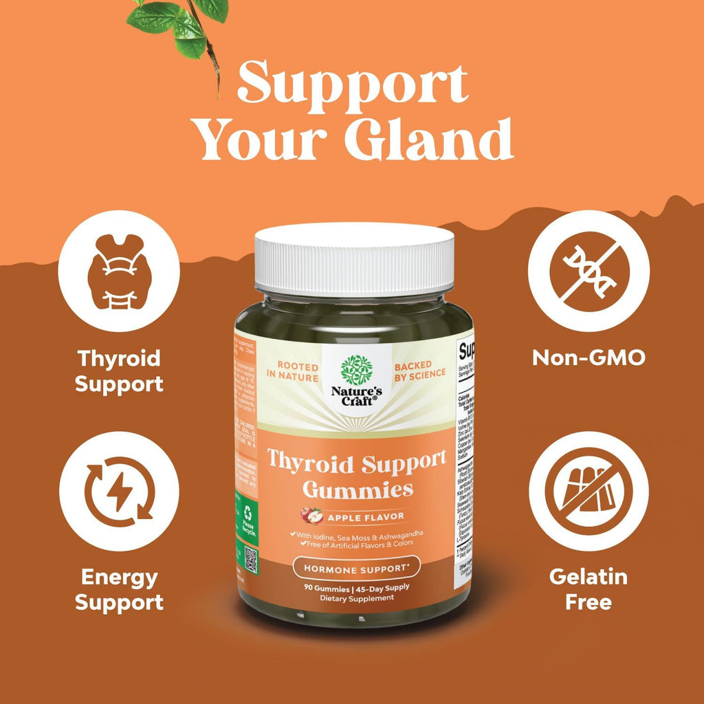 Natures Craft Vegan Thyroid Gummies with Sea Moss - Thyroid Support Gummies for Comprehensive Support for Men and Women with Iodine Selenium and Other Potent Vitamins - Gelatin-Free Non-GMO 90