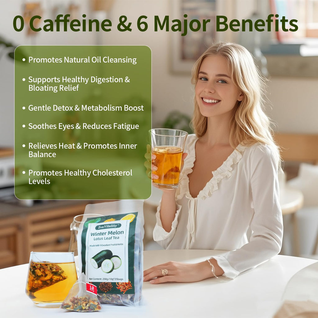 ZenVitality Oil Cleansing Tea Supports Fat Metabolism|Cholesterol Health|Digestive Health Winter Melon Lotus Leaf Tea with Chrysanthemum|Rose|Lemon|Cassia Seed|Hawthorn|Orange Peel|Buckwheat 10g*25Bag