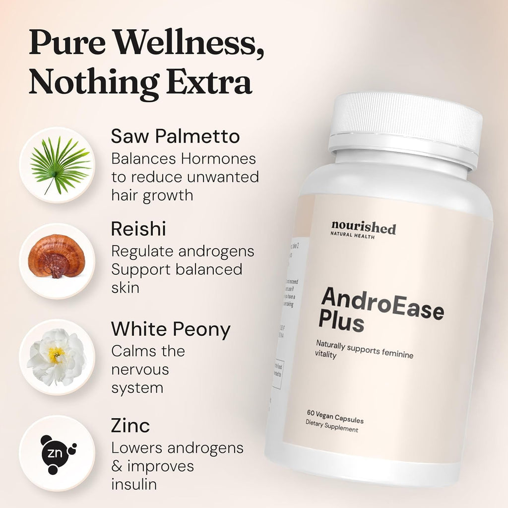 Nourished AndroEase Plus - Vegan Hormone Balance for Women - Zinc, Reishi, Green Tea and Saw Palmetto for Women - for Energy, Vitality, Facial Hair and Daily Wellness - 120 Capsules, Made in USA