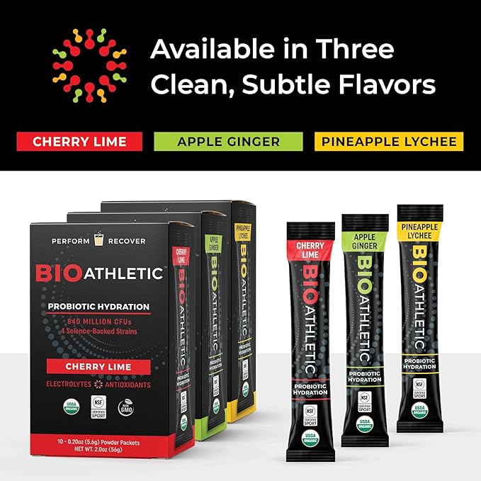 Probiotic + Electrolyte Hydration Drink Mix, with Vitamins D & B12, USDA Organic, NSF Certified for Sport, Subtle Pineapple Lychee Flavor, Naturally Light Taste, 10 Sticks