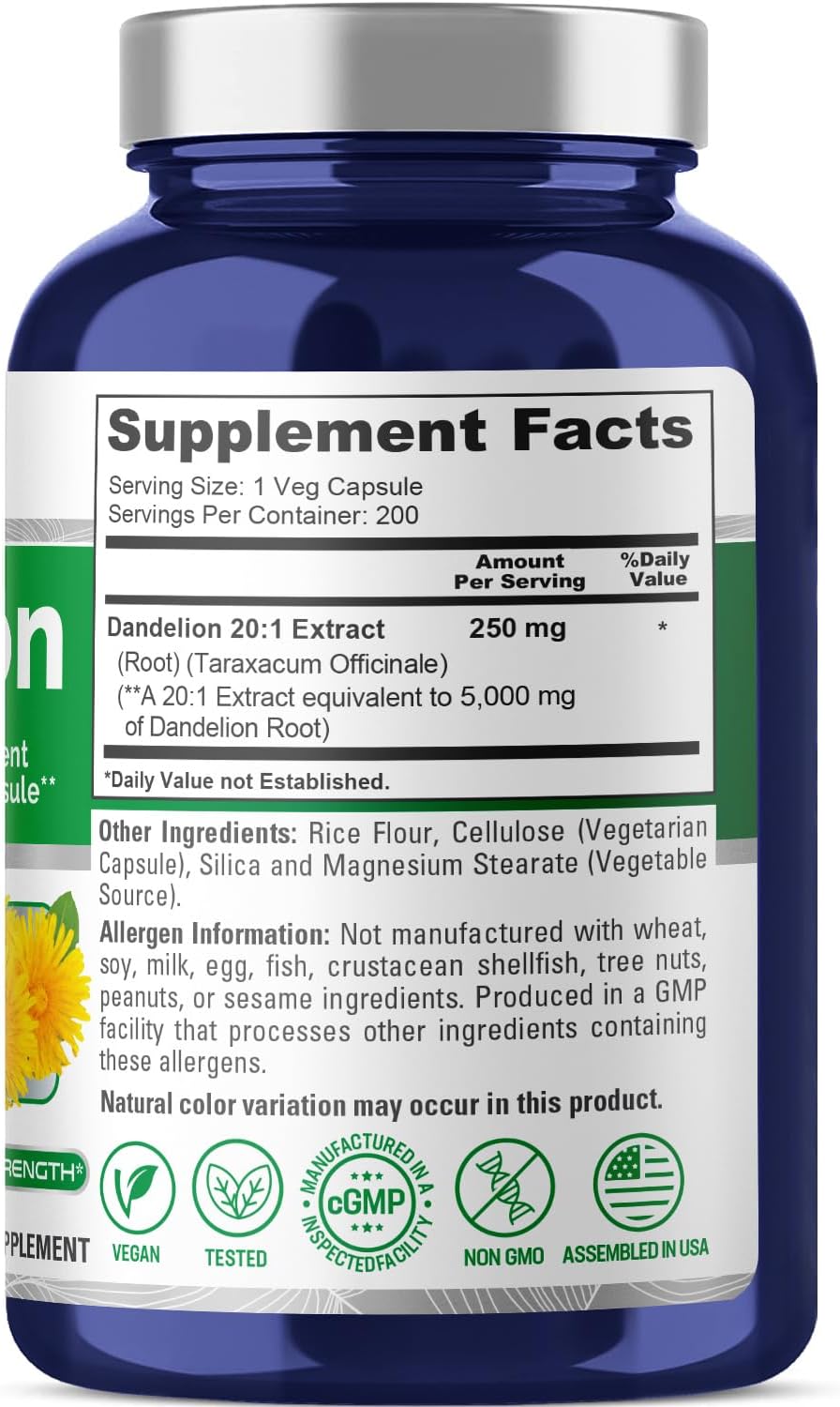NusaPure Dandelion Root 20:1 Extract, 250 mg Equivalent to 5000mg 200 Veggie Capsules (Non-GMO)