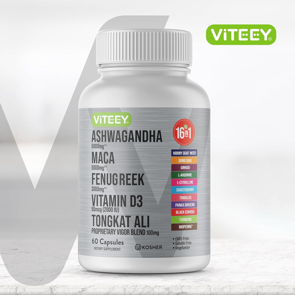 Viteey Ashwagandha Maca Fenugreek Supplement with Tongkat Ali – Drive, Passion & Energy Support for Men & Women – Mood, Calm & Stress Support - 60 Capsules