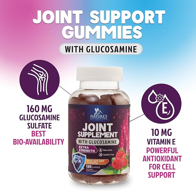 Joint Support Gummies - Glucosamine Plus Vitamin E Nature's Joint Support Supplement for Occasional Discomfort for Back, Knees & Hands - Cartilage & Joint Health & Flexibility Support - 120 Gummies