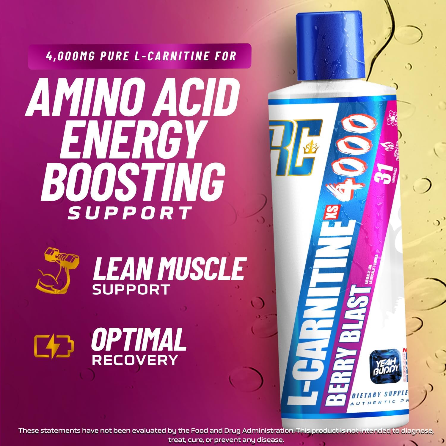 Ronnie Coleman Signature Series L Carnitine XS 4000 Liquid, Stimulant Free, Sugar Free, Zero Carbs, Lean Muscle Strength Support for Men & Women, Amino Acid Supplement, Berry Blast Flavor, 16 Oz