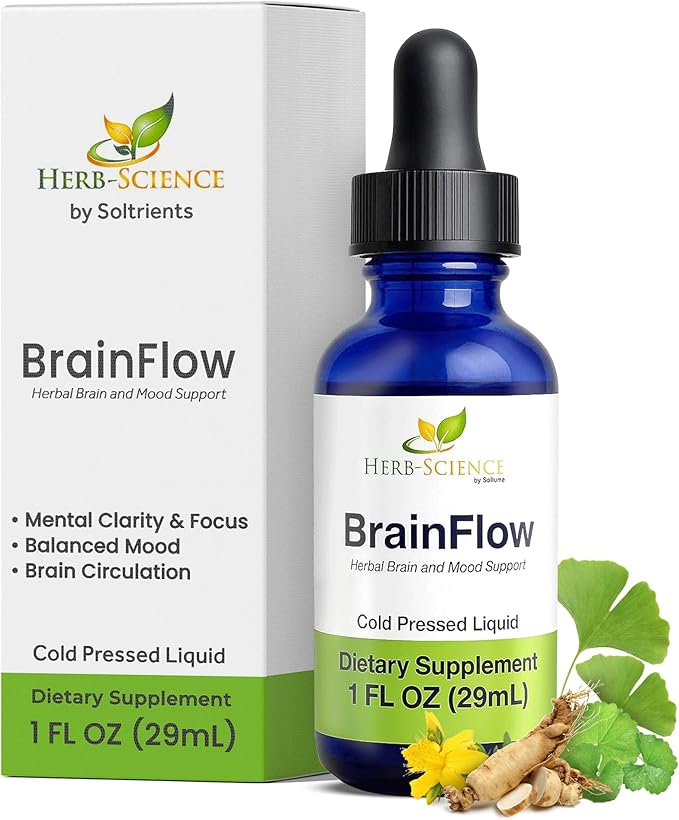 Herb-Science BrainFlow – Herbal Brain & Mood Support | Liquid Supplement with Ginkgo, Ginseng, Gotu Kola & St. John’s Wort | Focus, Clarity, Mood & Circulation | Alcohol-Free, 1 fl oz