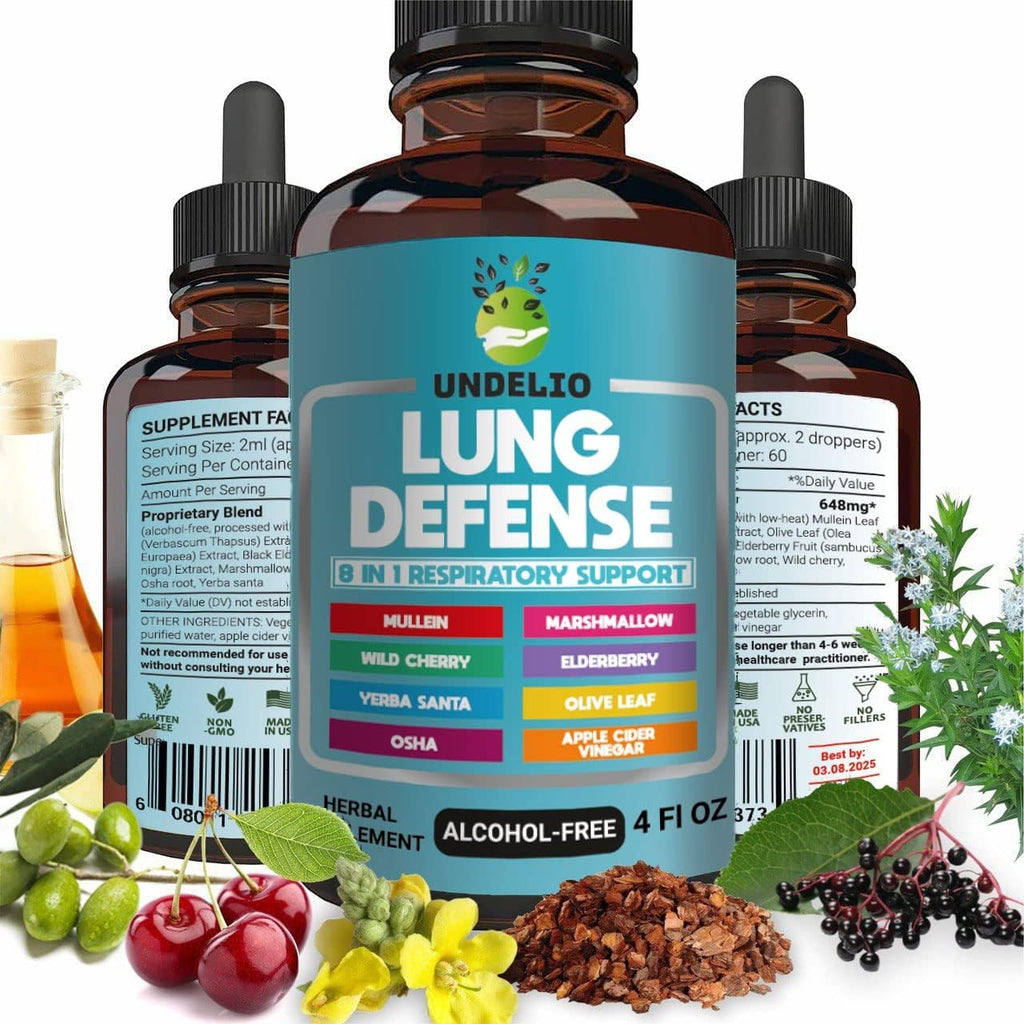 Lung Defense Herbal Extract 8 in 1 Blend (Mullein,Marshmallow,OSHA,Wild Cherry,Elderberry,Yerba Santa,Olive Leaf,ACV) Lung Cleanse - Respiratory & Immune System Support - Liquid Supplement- 4 OZ
