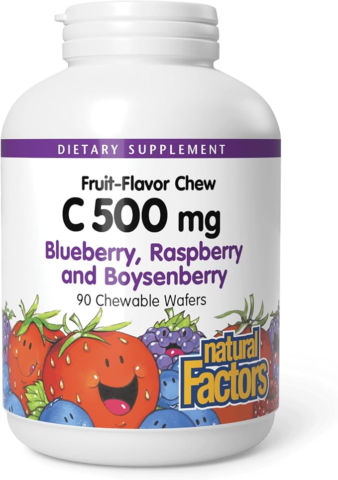 Natural Factors, Kids Chewable Vitamin C 500 mg, Supports Immune Health, Bones, Teeth and Gums, Blueberry, Raspberry and Boysenberry, 90 Count (Pack of 1)