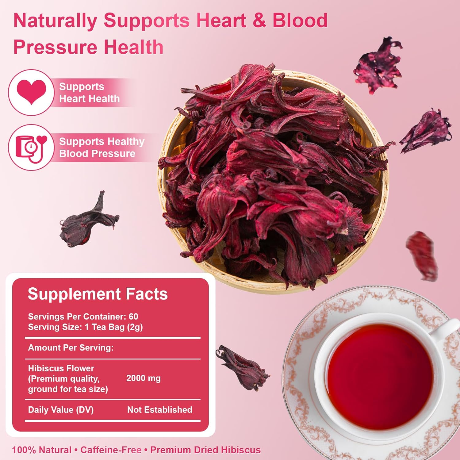 Hibiscus Tea Bags 2g x 60 Teabags | 100% Natural Hibiscus Immune & Antioxidants Support | Tart & Refreshing Herbal Tea | Caffeine-Free