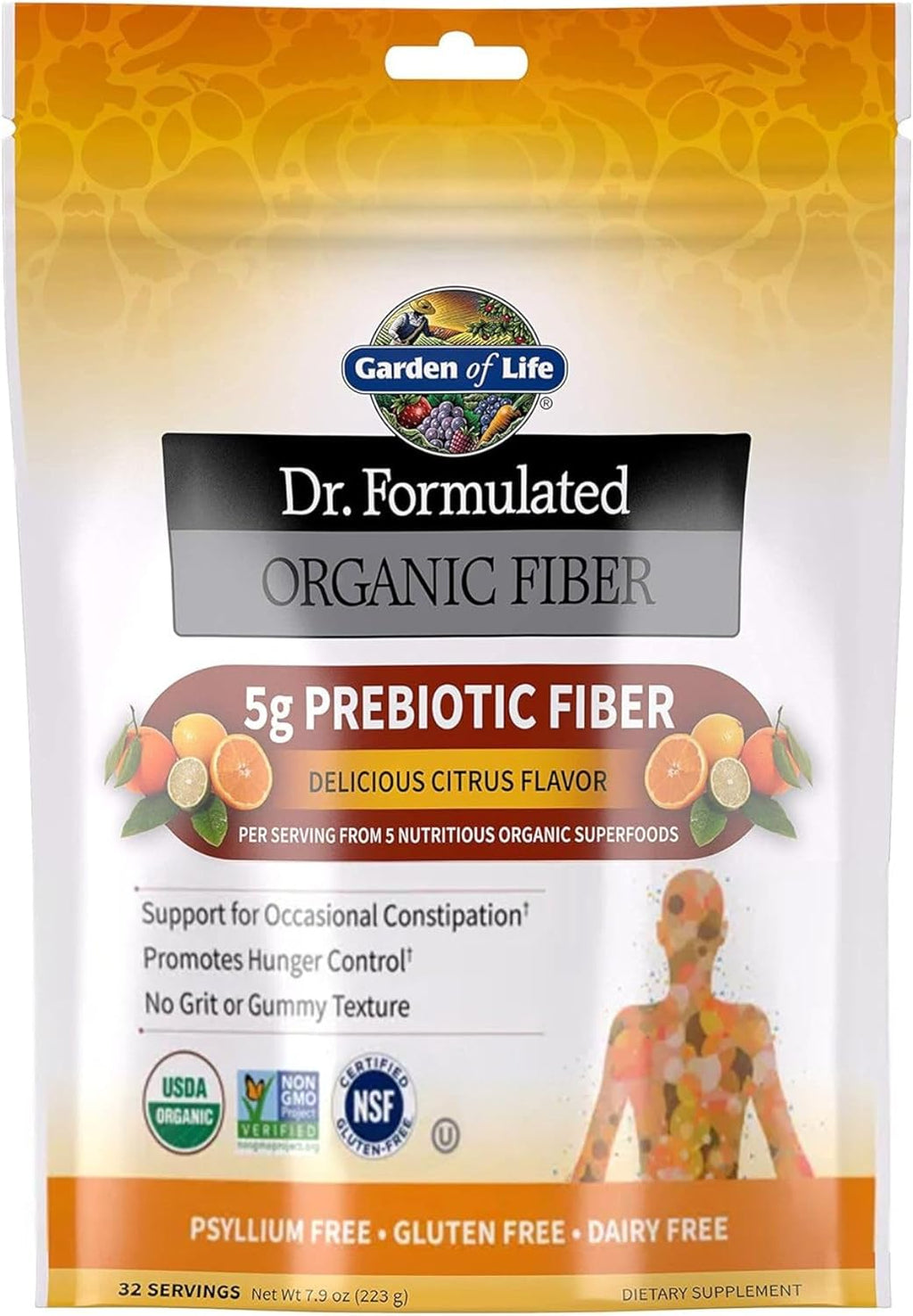 Garden of Life Dr Formulated Organic Fiber Supplement Powder Citrus, Sugar Free, Psyllium Free Prebiotic Superfoods, Constipation Relief and Hunger Control for Men and Women, 32 Servings