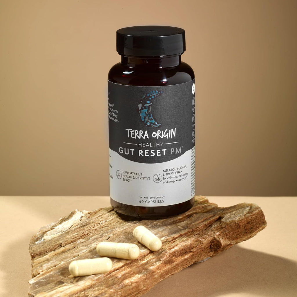 TERRA ORIGIN Healthy Gut Reset PM | 60 Veggie Capsules | Natural Sleep Aid Supplement for Sleep & Wake Cycles | GABA, L-Tryptophan, Melatonin, L-Glutamine, Licorice Root, Slippery Elm Root