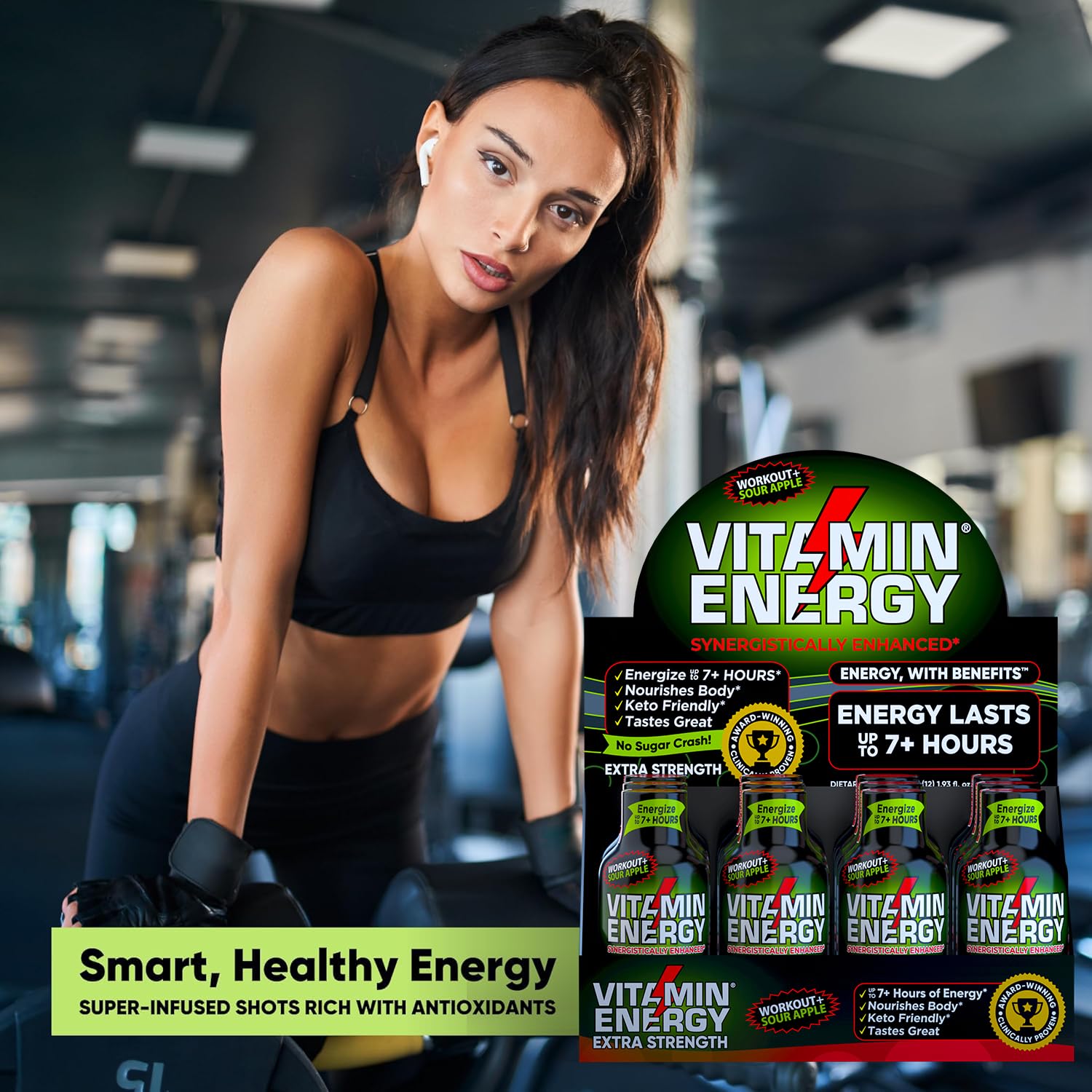Vitamin Energy Workout+ Extra Strength Energy Shot Sour Apple 12 Pack, 260mg Natural Caffeine, Pre-Workout, B-Vitamins, Minerals, Endurance & Performance, Zero Sugar, Gluten-Free, Vegan, 1.93 fl oz