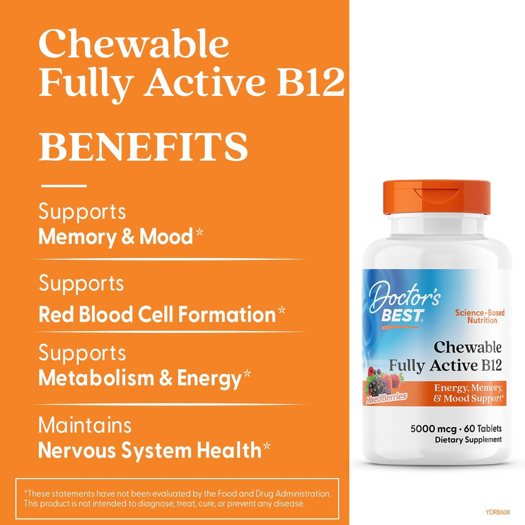 Doctor's Best Chewable Fully Active Methyl B12, Methylcobalamin, Energy, Memory, & Mood Support, Non-GMO, Gluten Free, Soy Free, Vegan 60 Tablets