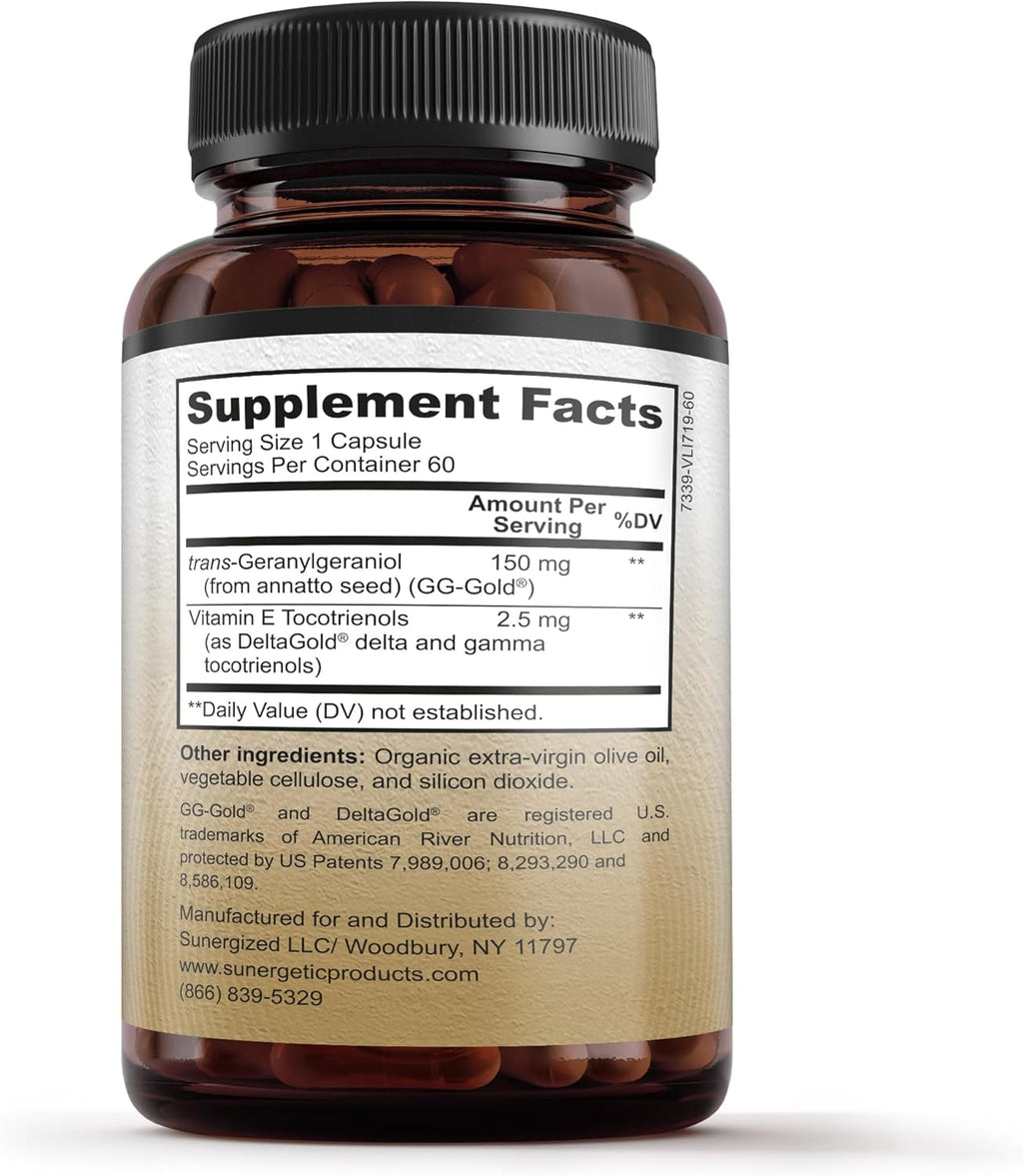 Sunergetic Premium Geranylgeraniol Supplement - GG-Gold 150mg with DeltaGold Vitamin E Tocotrienols- Annatto Derived GG for Statin Users, Heart Health & CoQ10 Production - 60 Capsules