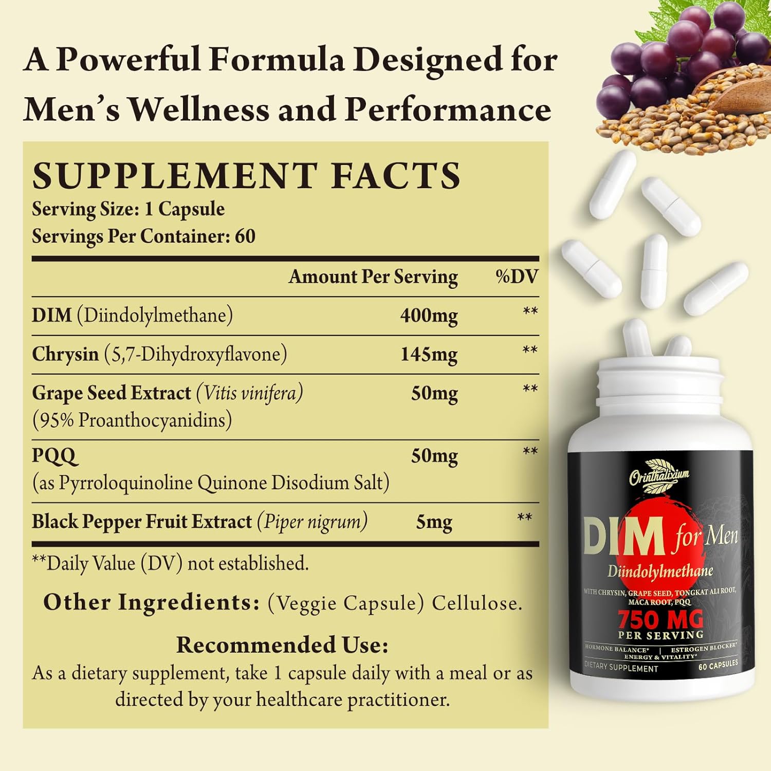 DIM for Men 750MG – Hormone Balance, Estrogen Support for Men, DIM Supplement, Detox, Vitality & Fitness Performance–Chrysin & Black Pepper Extract, 60 Capsules (2 Bottle)