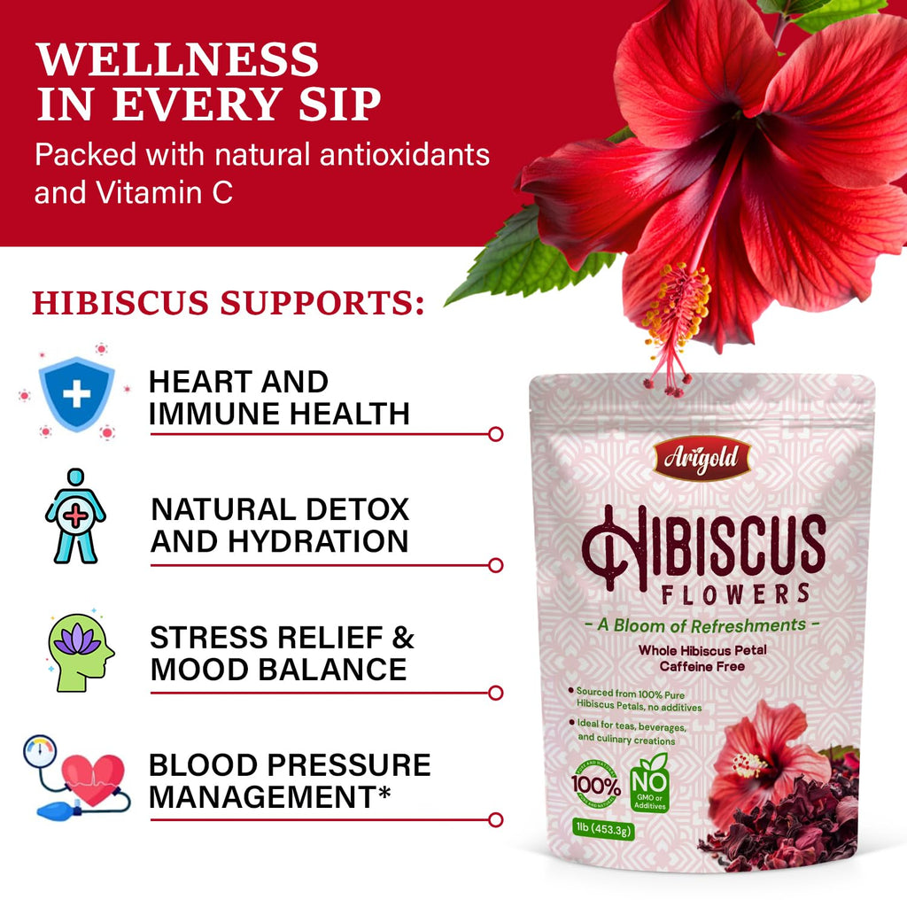 Arigold Pure Whole Petals Hibiscus Tea 1lb – Organic Dried Hibiscus Flowers,Flor de Jamaica, Hibiscus Sabdariffa, Bissap, Sorrel, hibiscus tea loose leaf Herbal Tea for Agua Fresca, Cocktails, Iced Tea & Hot Tea | Caffeine-Free & Rich in Antioxidants.