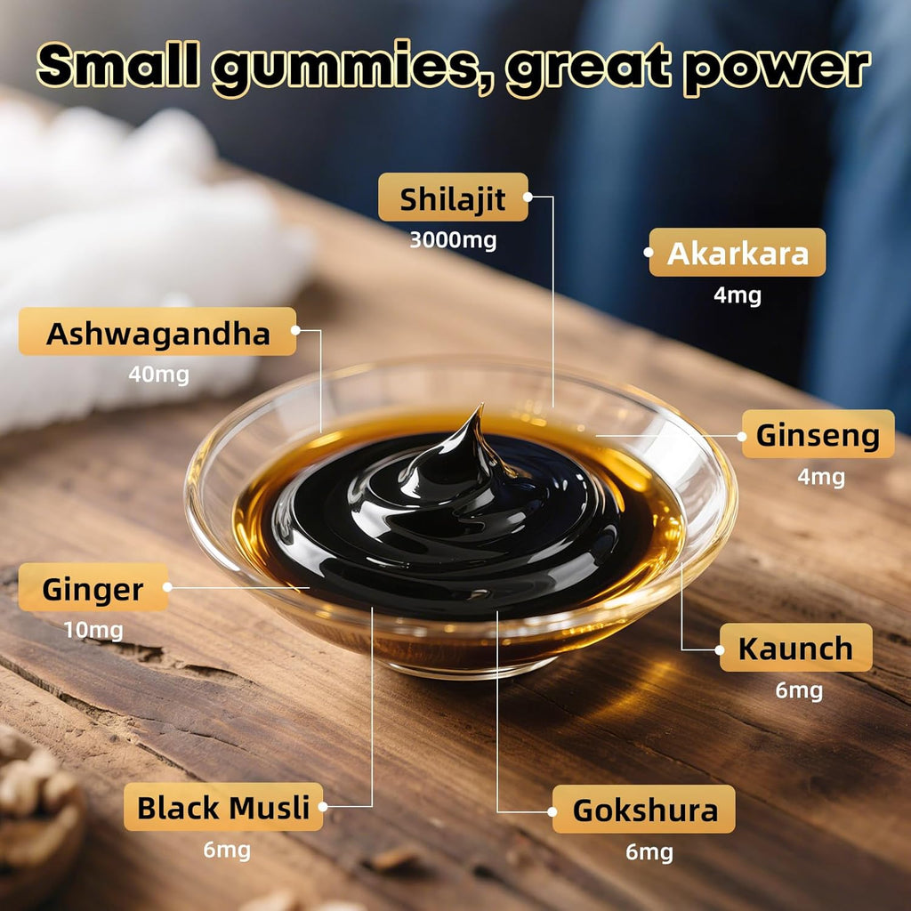 Shilajit Gummies: Pure Shilajit Himalayan Rich in Ashwagandha Gaulshura Fulvic Acid 85 Micronutrients Suitable for Men and Women No Added Sugar Non-GMO 100% Natural Organic 90 Gummies
