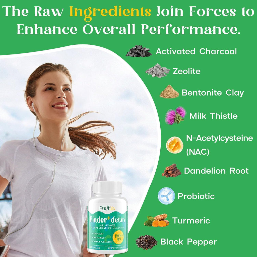 15-in-1 Detox Binder, Activated Charcoal, Zeolite & Bentonite Clay, Chlorella, 1500 MG Detox Supplement Maximum Absorbent, Liver Gut Digestive Detox Cleanse, 180 Vegan Capsules