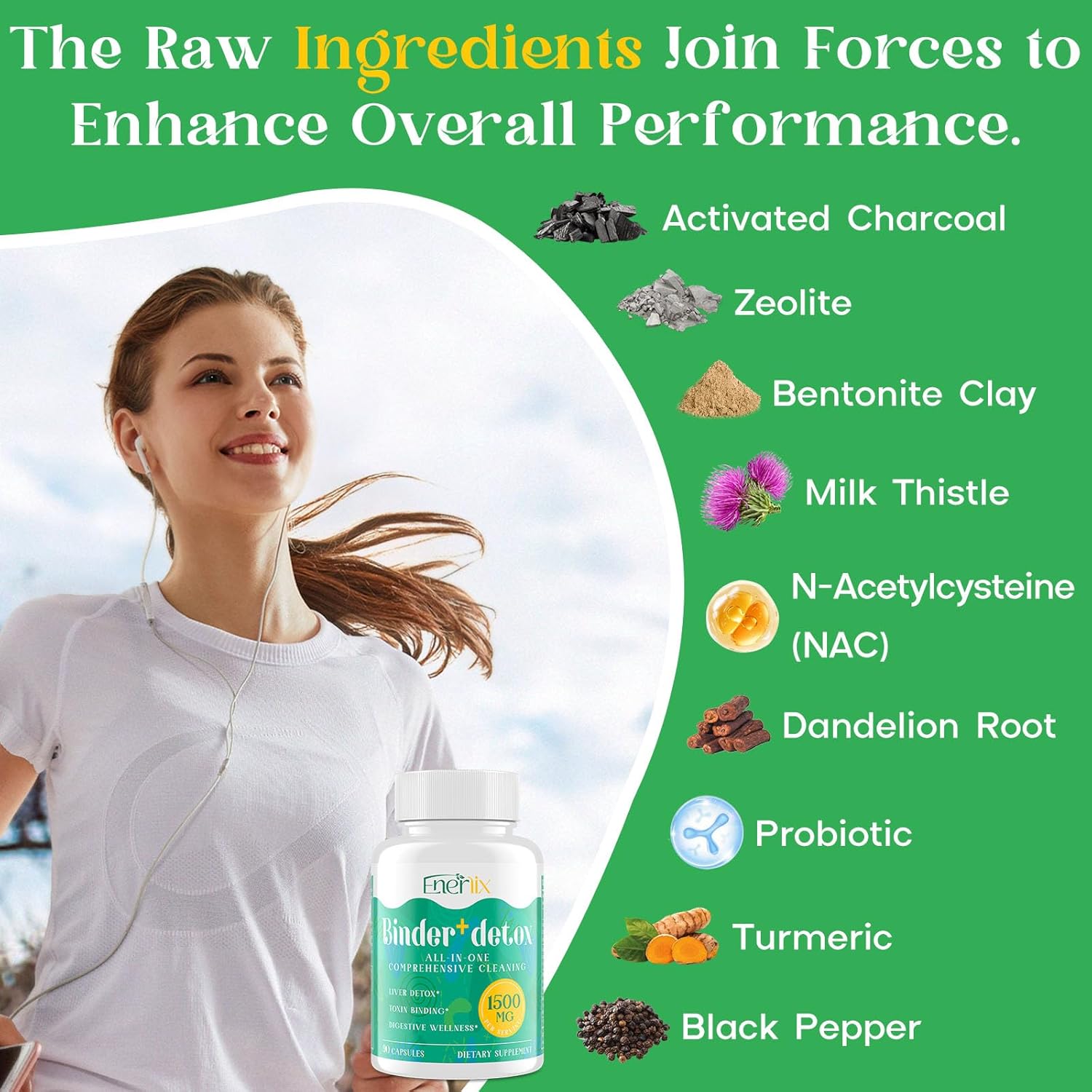 15-in-1 Detox Binder, Activated Charcoal, Zeolite & Bentonite Clay, Chlorella, 1500 MG Detox Supplement Maximum Absorbent, Liver Gut Digestive Detox Cleanse, 180 Vegan Capsules