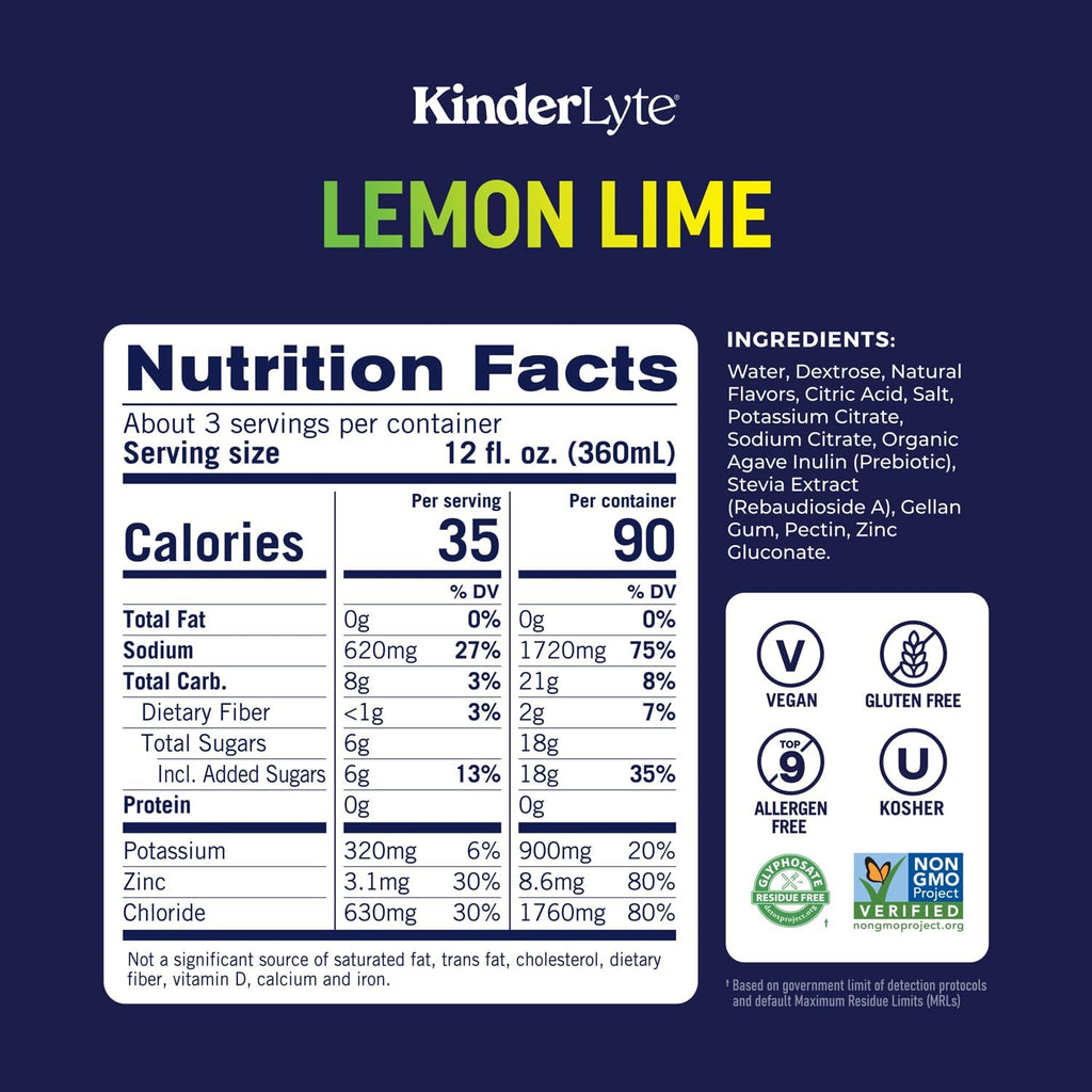 KinderLyte Advanced Electrolyte Solution for Kids and Adults - Hydration Drink (Lemon Lime, 6 Count), With PreMax Prebiotics, No Artificial Sweeteners or Flavors, No Synthetic Dyes
