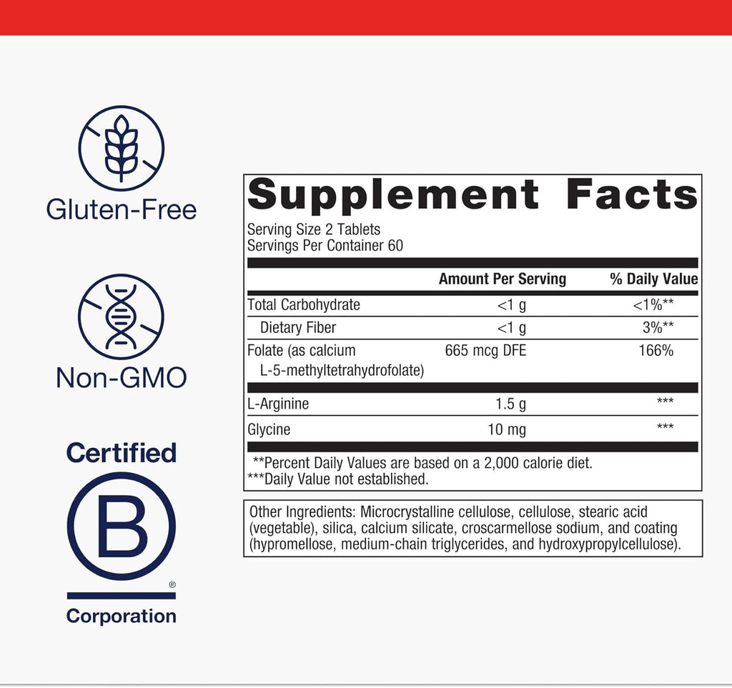 Metagenics Arginine Plus - 1.5 g L-Arginine - Supports Blood Flow & Heart Health* - 665 mcg DFE Folate (as Calcium L-5-Methyltetrahydrofolate) - Non-GMO, Vegetarian & Gluten-Free - 120 Count