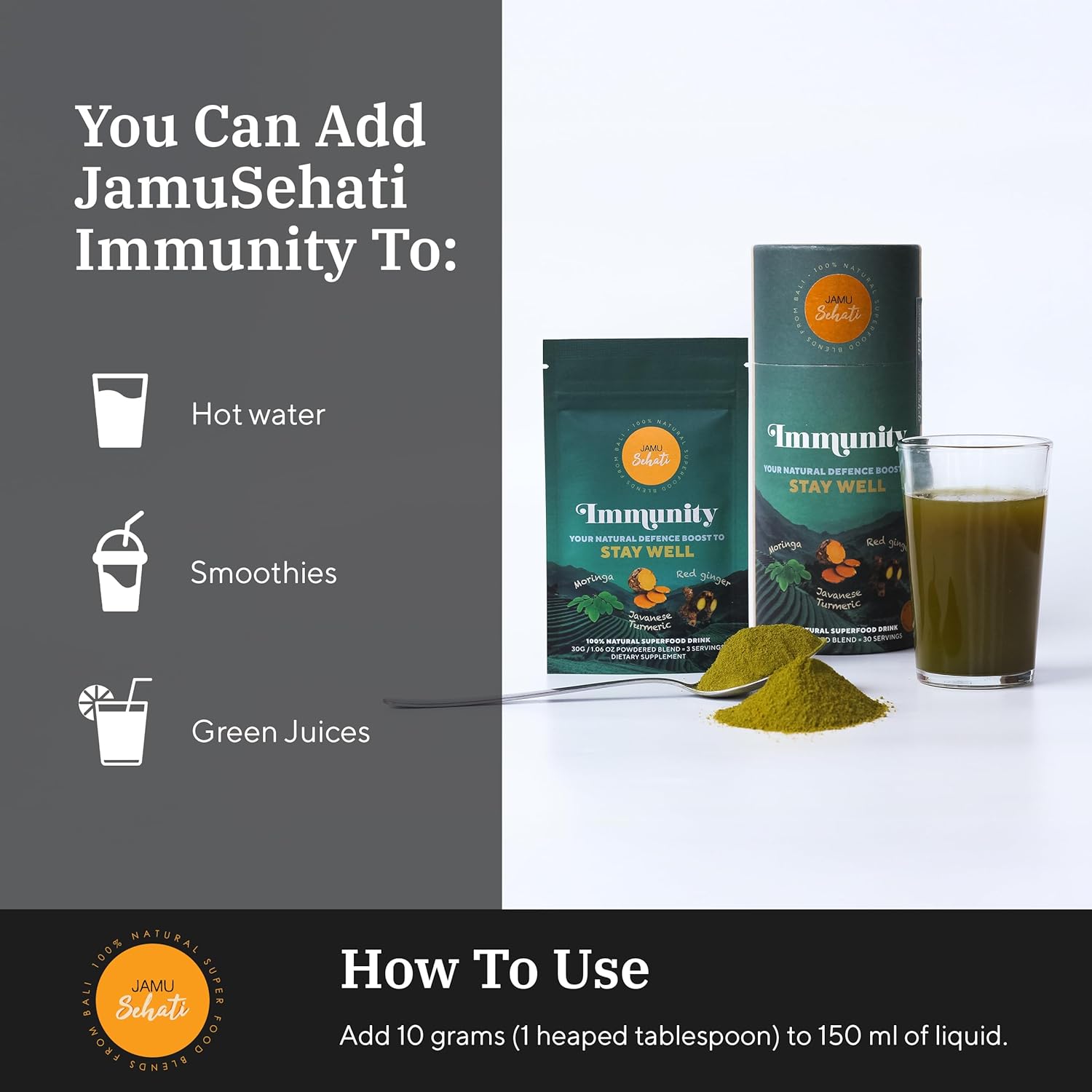JAMUSEHATI Immunity, Natural Superfoods Blend from Bali, Containing Javanese Turmeric, Red Ginger, Moringa and Matcha, Cylinder (300g)