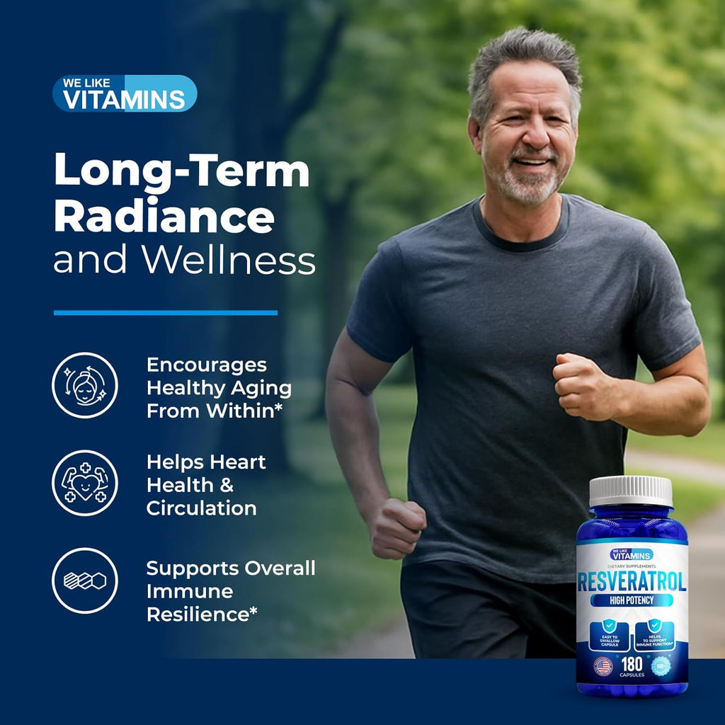 We Like Vitamins Resveratrol 1000mg per Serving - 180 Easy to Swallow Veggie Capsules - Natural Resveratrol Supplement 1000mg - Antioxidant Supplement Helps Support Anti-Aging and Immune System