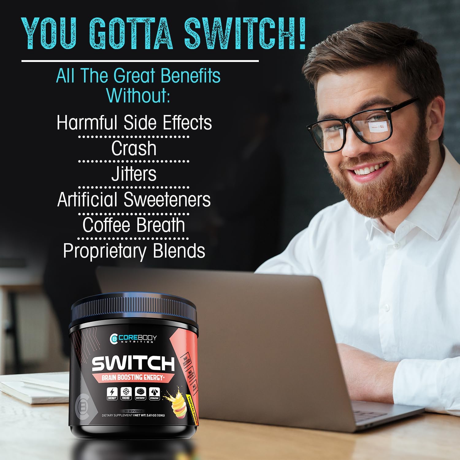 CoreBody Switch Energy Drink Mix -Nootropics Brain Support Supplement for Memory & Focus, Sugar Free Energy Booster with Nootropics, Alpha GPC, All Day Focus* (Tropical Punch)