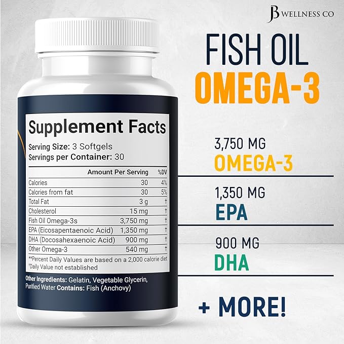 Triple Strength Omega 3 Fish Oil 3750 mg - EPA & DHA - Over 3000mg Omega-3 Fatty Acids - 1350mg EPA + 900mg DHA - Best Essential Fatty Acids, Burpless Fish Oil - 270 Count