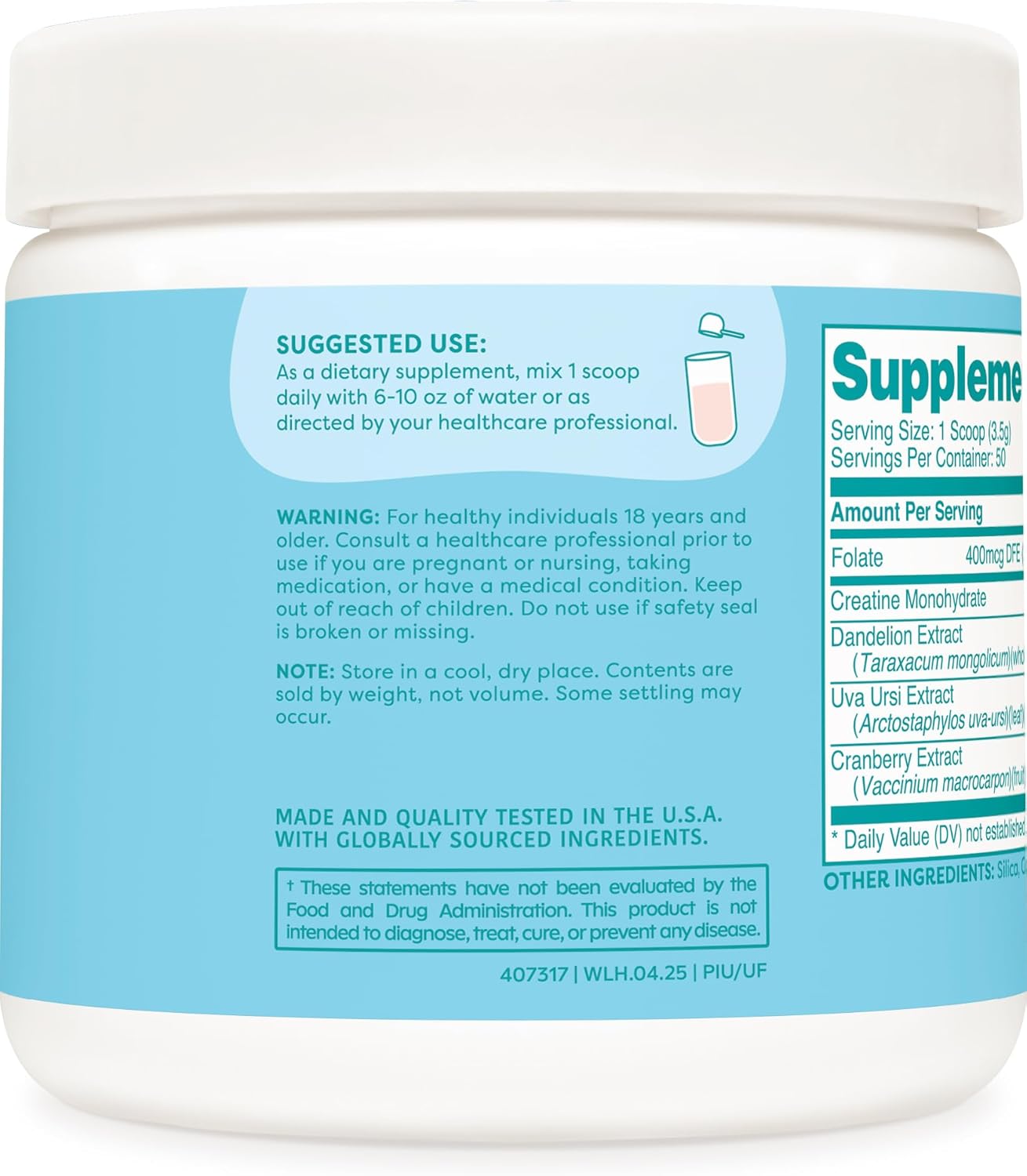 Wellah Creatine for Women - Creatine Monohydrate with Dandelion & Cranberry Extract (50 Servings, Unflavored)