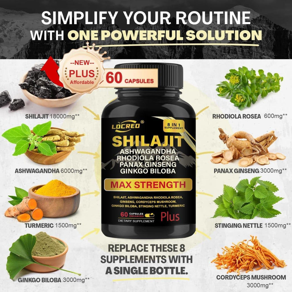 Shilajit Capsules for Men & Women, 8 in 1, with Shilajit 18000 mg, Ashwagandha, Ginseng, Ginkgo, Rhodiola, Cordiceps, Natural Energy & Stamina Supplement for Men, 60 Capsules.