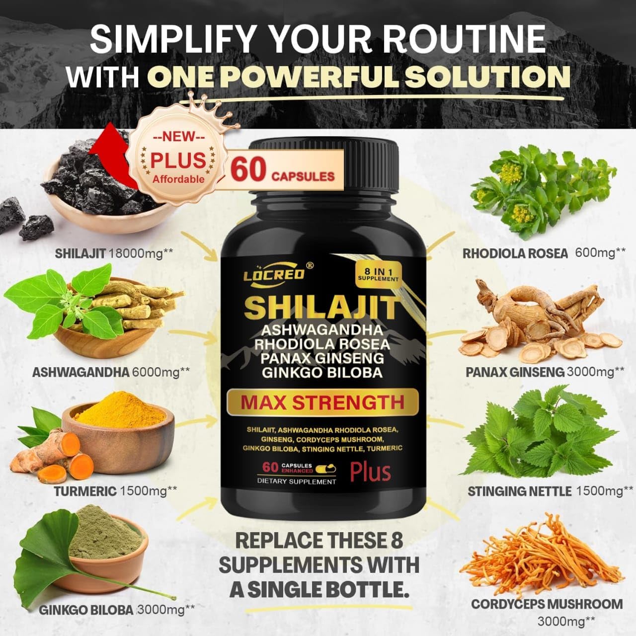 Shilajit Capsules for Men & Women, 8 in 1, with Shilajit 18000 mg, Ashwagandha, Ginseng, Ginkgo, Rhodiola, Cordiceps, Natural Energy & Stamina Supplement for Men, 60 Capsules.