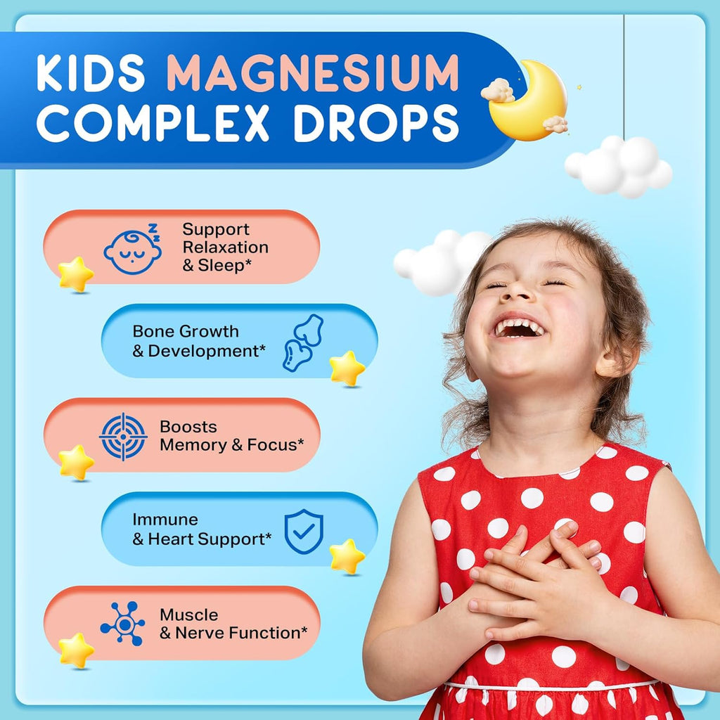 Magnesium for Kids, Kids Magnesium Glycinate Liquid Drops with Calcium, Zinc, L-Theanine, Vitamin D3 K2, C for Sleep, Relaxation, Calm, Focus, Brain,Mood, Bones & Muscles - Strawberry Flavor 2 Pack