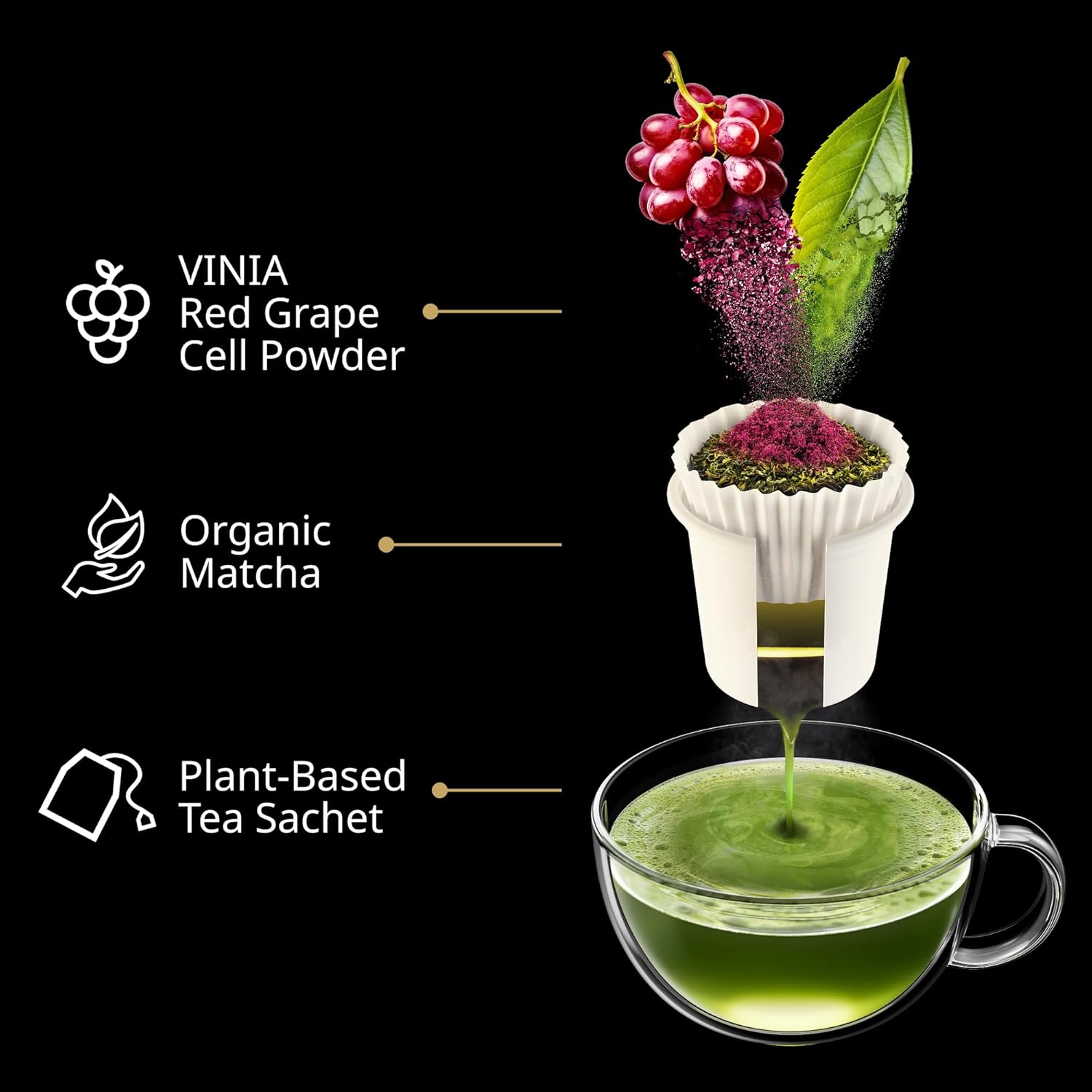 VINIA Premium Matcha + Green Tea K-Cup Pods, Made with Organic Tea, Infused with Piceid Resveratrol for Heart Health, Nitric Oxide, Physical Energy, Alertness, Blood Flow, Keto, Kosher, NON-GMO. 30 Ct