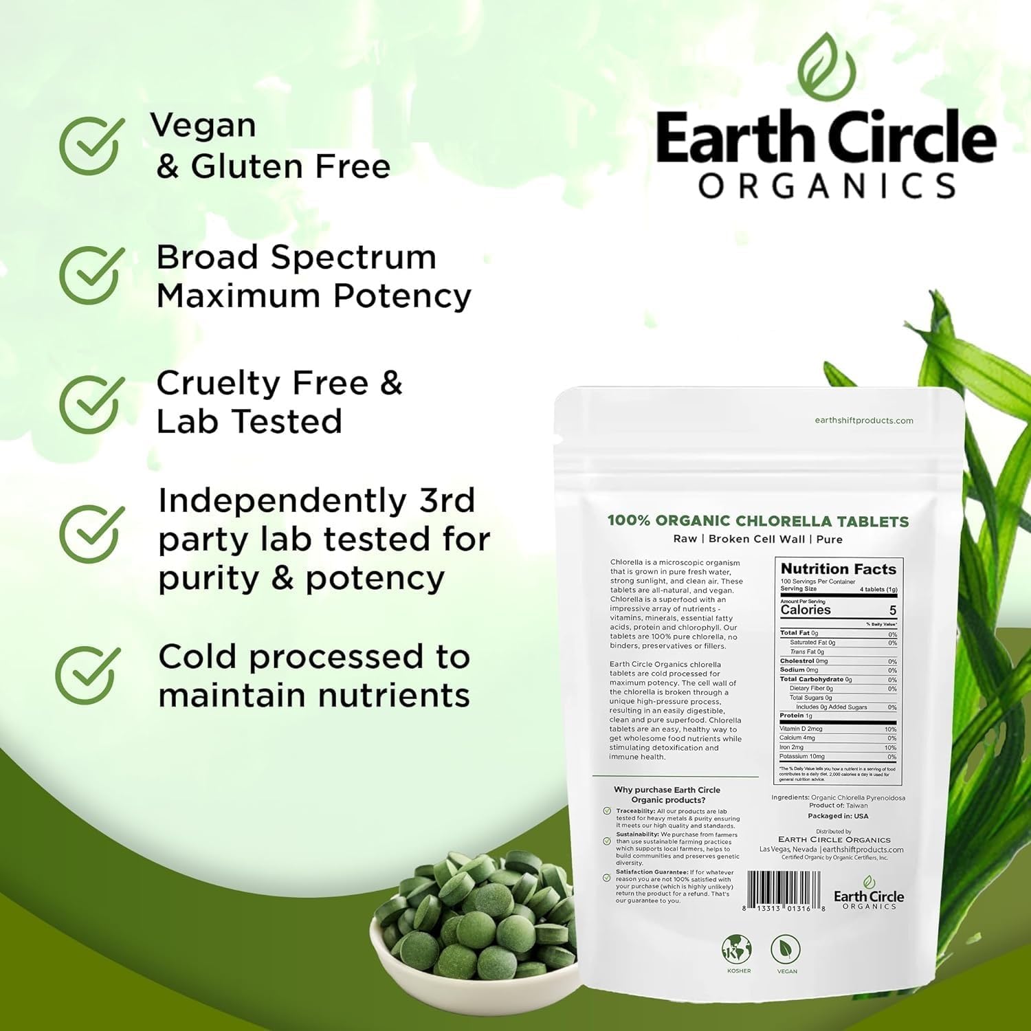 Organic Chlorella Tablets 400 Count | High Potency Superfood | Chlorophyll Pills from 100% Pure Green Algae | Broken Cell Wall for Maximum Absorption | Vegan, Kosher, Non-GMO | 4 Tabs per Day (1-Pack)