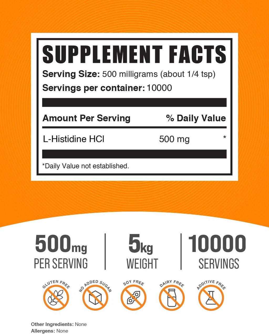 BulkSupplements.com L-Histidine HCl Powder - L-Histidine Supplement, Histidine 500mg - Essential Amino Acid, Gluten Free, 500mg per Serving, 5kg (11 lbs) (Pack of 5)