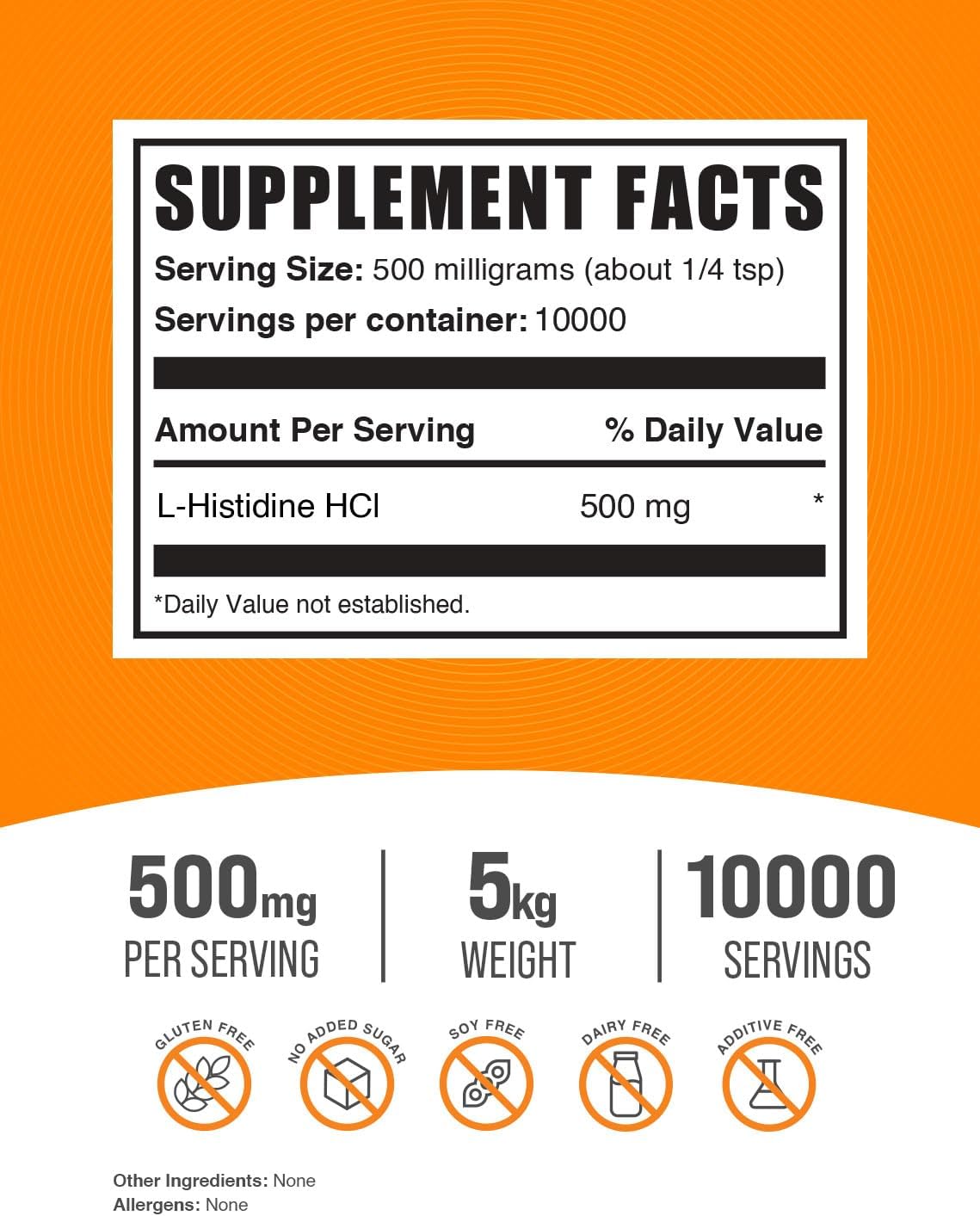 BulkSupplements.com L-Histidine HCl Powder - L-Histidine Supplement, Histidine 500mg - Essential Amino Acid, Gluten Free, 500mg per Serving, 5kg (11 lbs) (Pack of 5)