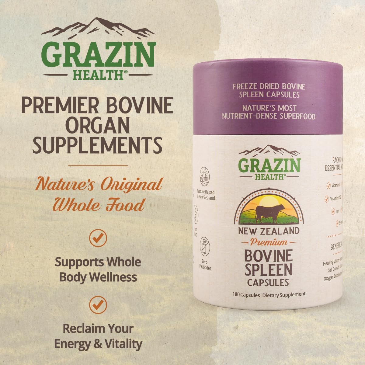 Grass Fed Bovine Spleen Capsules: 3000 Mg per Serving (30 Servings)