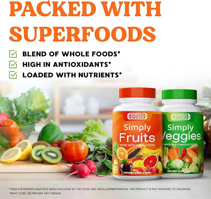 Simply Nature's Pledge - Packed with Over 40 Different Fruits & Vegetables - Made with Whole Food Superfoods - with High Beta Carotene – 100% Soy Free - 90 Count (Pack of 2)