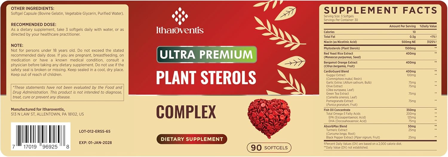 Cholesterol Supplements with Plant Sterols, Niacin, Red Yeast Rice, Bergamot, Omega-3 & Garlic - Advenced Absorption Formula - 180 Softgels