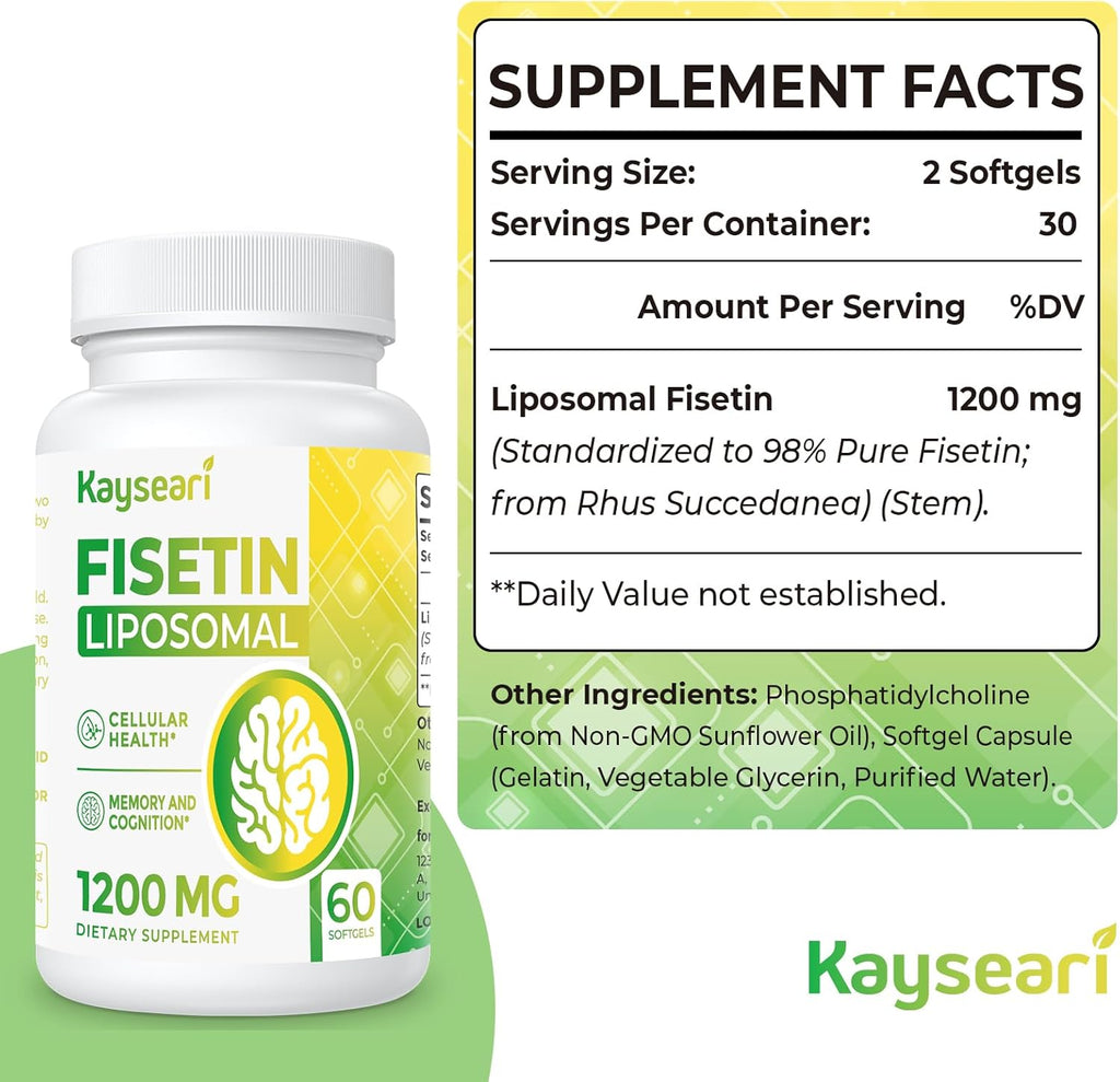 Fisetin 1200mg Liposomal Fisetin Supplements 98% Pure Fisetin Polyphenols Antioxidants Immunity Health Aging Cognitive Support Non-GMO 60 Capsules