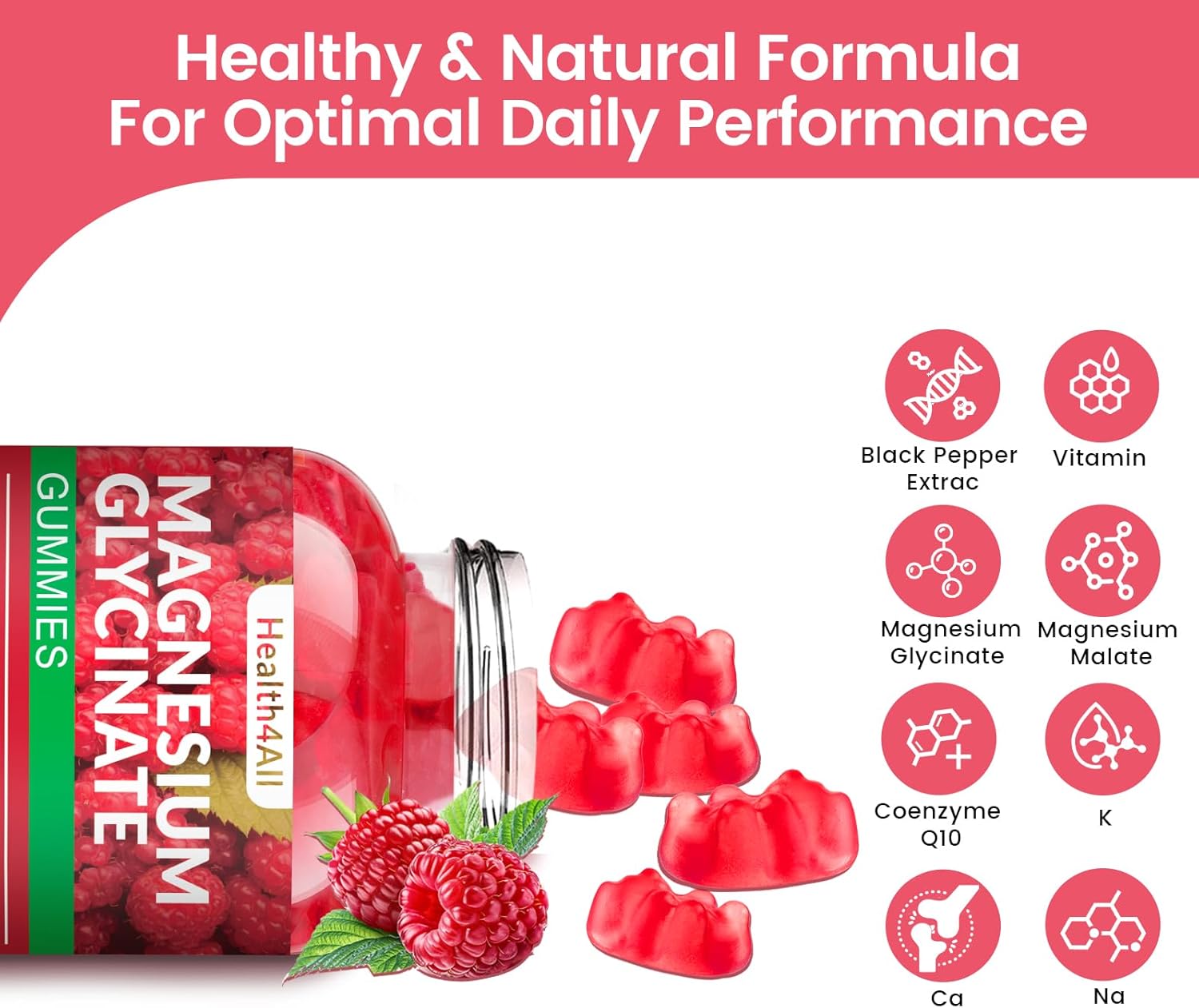 Magnesium Glycinate Gummies 1000mg, High Absorption Sugar Free Magnesium Potassium Supplement for Relaxation, Stress Relief, and Sleep Support for Adults & Kids - 90 Raspberry Gummies
