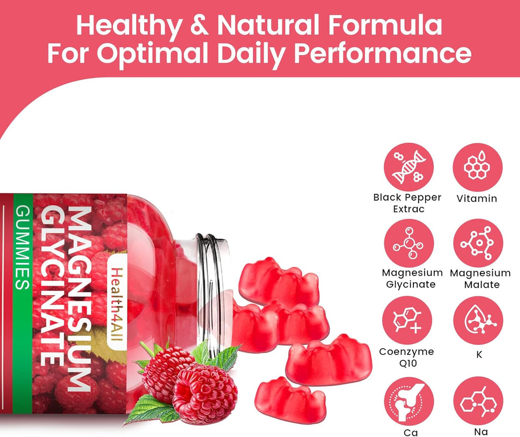 Magnesium Glycinate Gummies 1000mg, High Absorption Sugar Free Magnesium Potassium Supplement for Relaxation, Stress Relief, and Sleep Support for Adults & Kids - 180 Raspberry Gummies