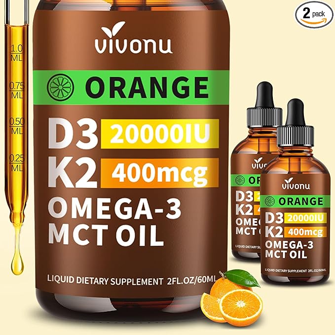 VivoNu Vitamin D3 K2 Drops, D3 20000 IU & K2 as MK-7 400mcg with Magnesium, Calcium, Zinc & Omega 3 for Immune*, Mood*, Bone* Health, Orange Flavor Vitamin D Liquid Drops Supplement, Non-GMO (1)