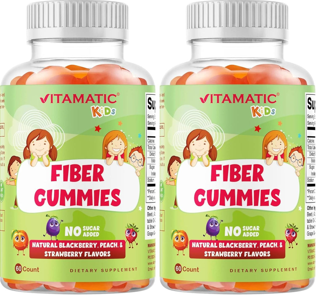 Vitamatic Kids Prebiotic Fiber Gummies – Extra Strength 4g Fiber – Zero Sugar Added – 60 Pectin-Based Gummies – Digestive Health & Regularity Support (Pack of 2)