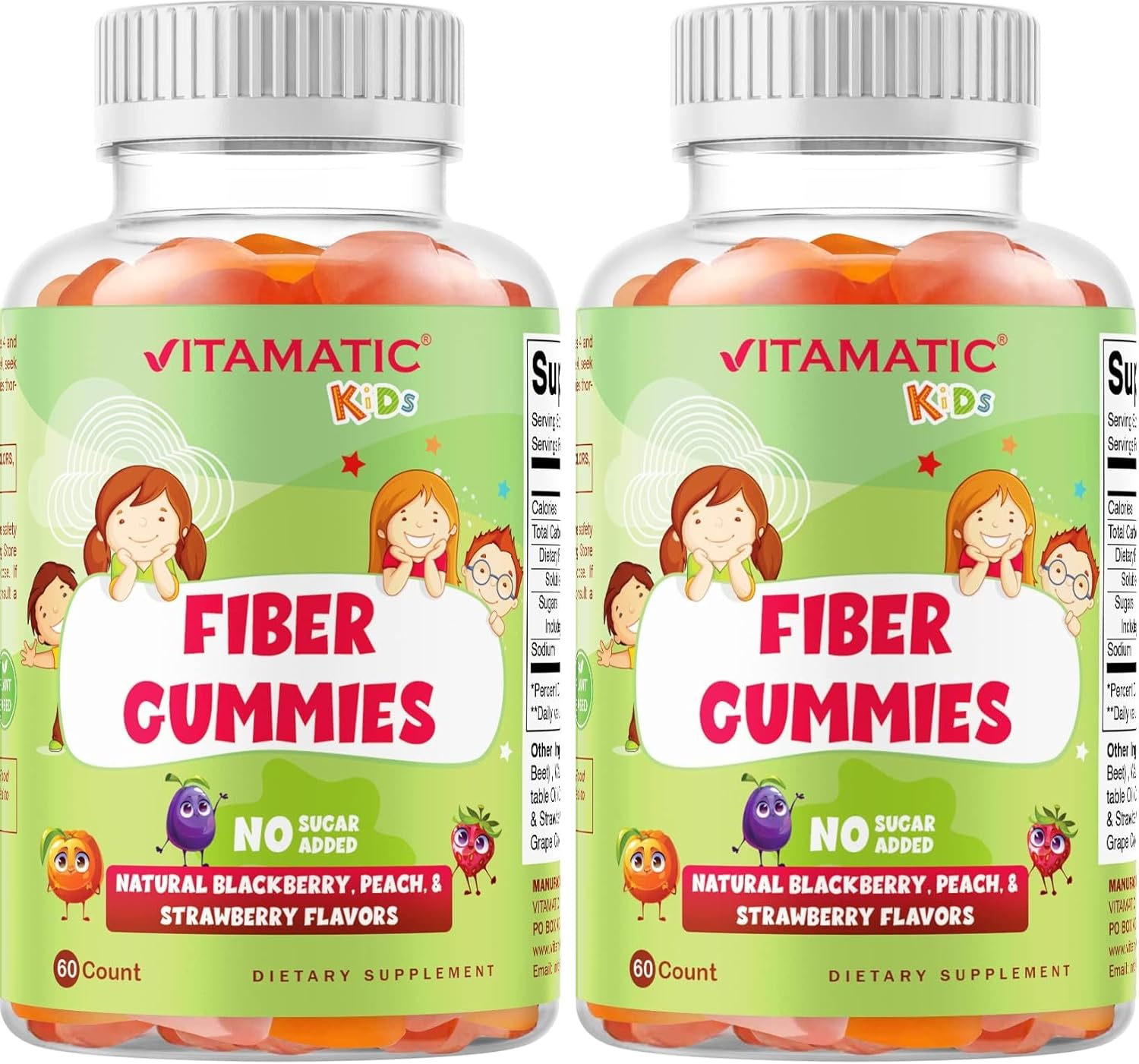 Vitamatic Kids Prebiotic Fiber Gummies – Extra Strength 4g Fiber – Zero Sugar Added – 60 Pectin-Based Gummies – Digestive Health & Regularity Support (Pack of 2)