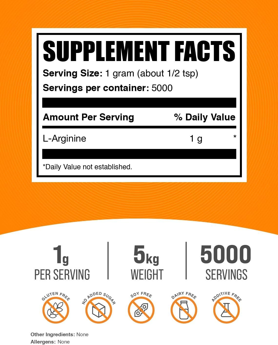 BulkSupplements.com L-Arginine Powder - Arginine Supplement, Nitric Oxide Supplement, Unflavored & Gluten Free, 1g per Serving, 1kg (Pack of 5) (11 lbs)