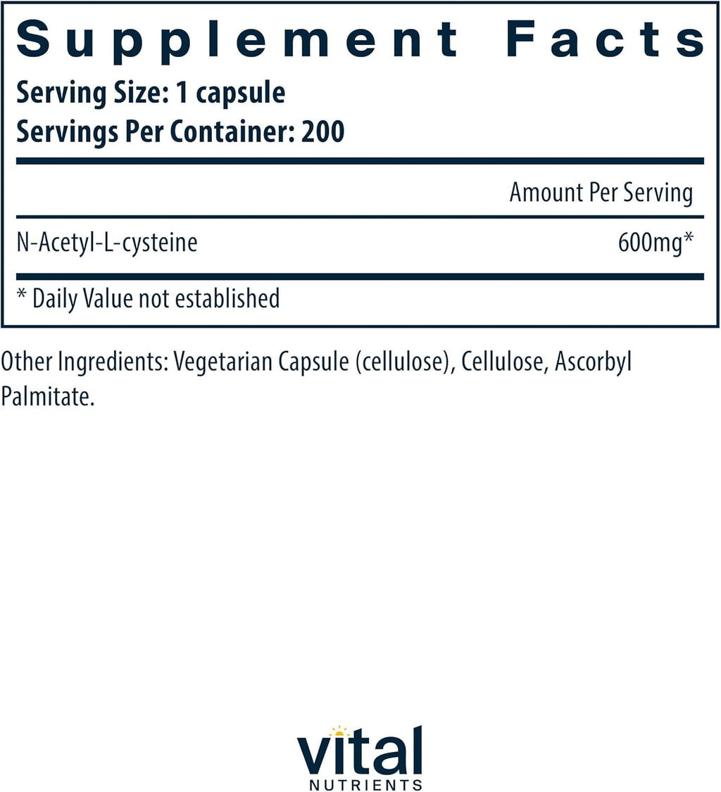 Vital Nutrients NAC 600mg | N-Acetyl Cysteine | Vegan NAC Supplement | Antioxidant for Sinus, Liver, Immune, and Respiratory Health* | Gluten, Dairy, Soy Free | 200 Capsules